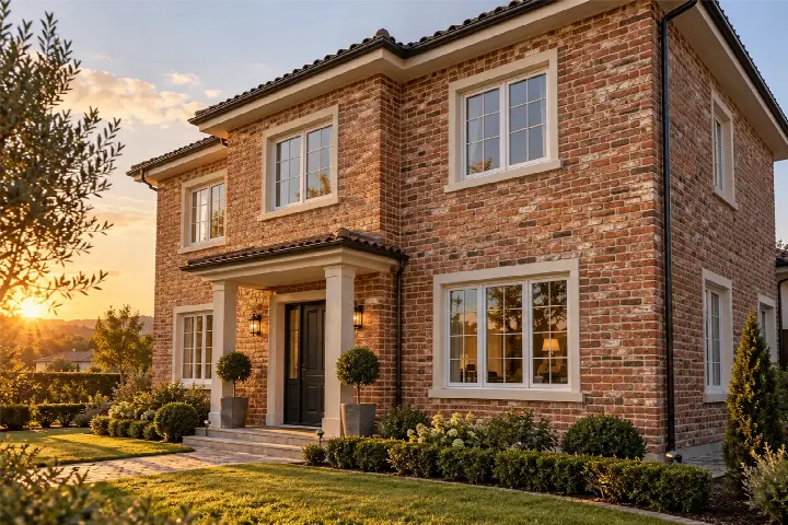 Old Brick Blend 1 kültür tuğlasıyla kaplanmış iki katlı müstakil ev cephesi, krem derz, akşamüstü alçak güneş