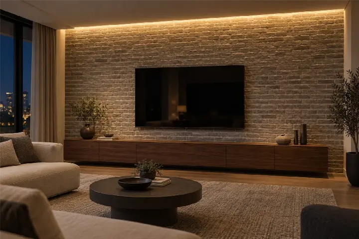 Gris renk Thin Brick kaplı salon TV duvarı, alçak ceviz ünite ve tavandan duvarı yalayan lineer LED ışık